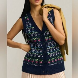 Anthropologie nwot Maeve Printed Striped Knit Sweater Vest navy floral cardigan